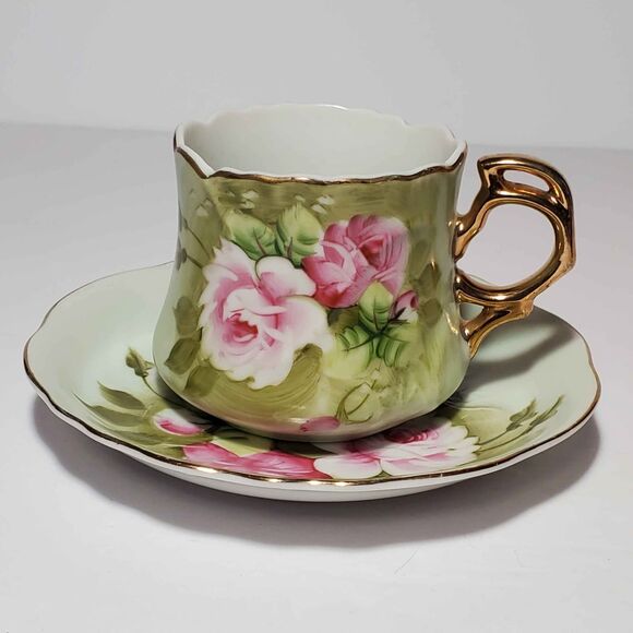 Lefton Teacup and Saucer Green Heritage Pink Roses - Picture 2 of 10